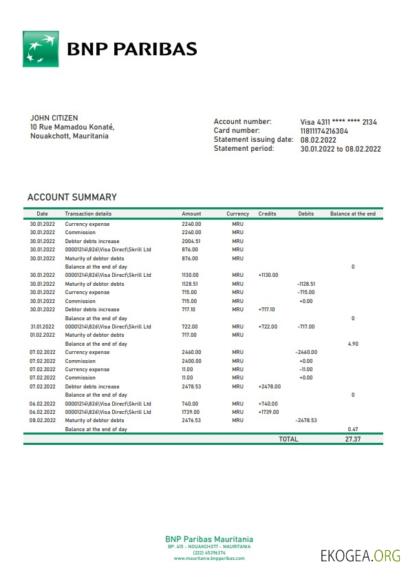 Modèle de relevé bancaire Mauritanie BNP Paribas au format Word et PDF